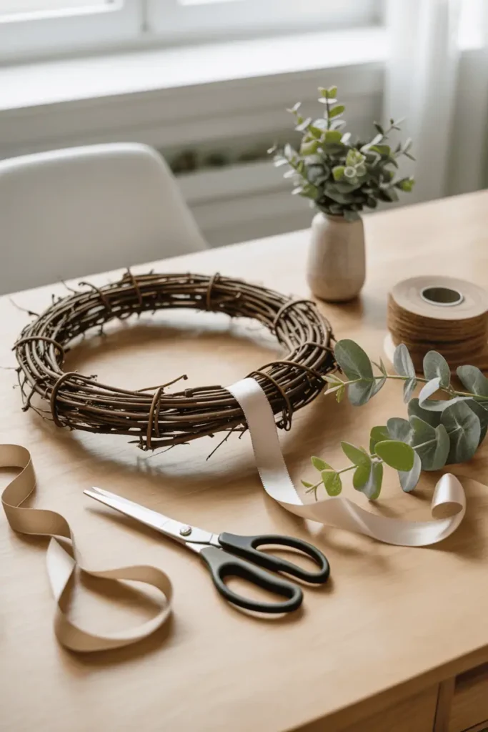 “cozy craft table scene with simple wreath supplies laid out, grapevine wreath base, ribbon, faux greenery, scissors, neutral background, soft window light, relaxed beginner DIY mood, realistic photography, no text, 2:3 vertical”