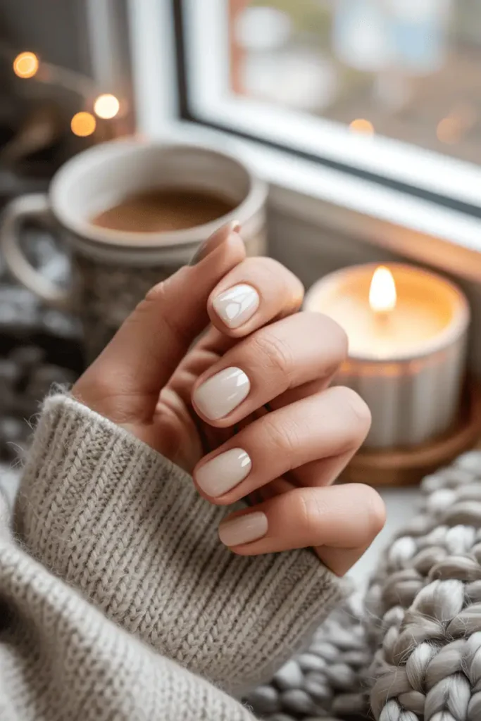 Creamy beige neutral nails, soft gloss finish, cozy sweater background, natural daylight.
Pinterest hero photo, cozy winter aesthetic, realistic hands, soft bokeh, warm neutral tones, props: mug, knit blanket, candlelight.