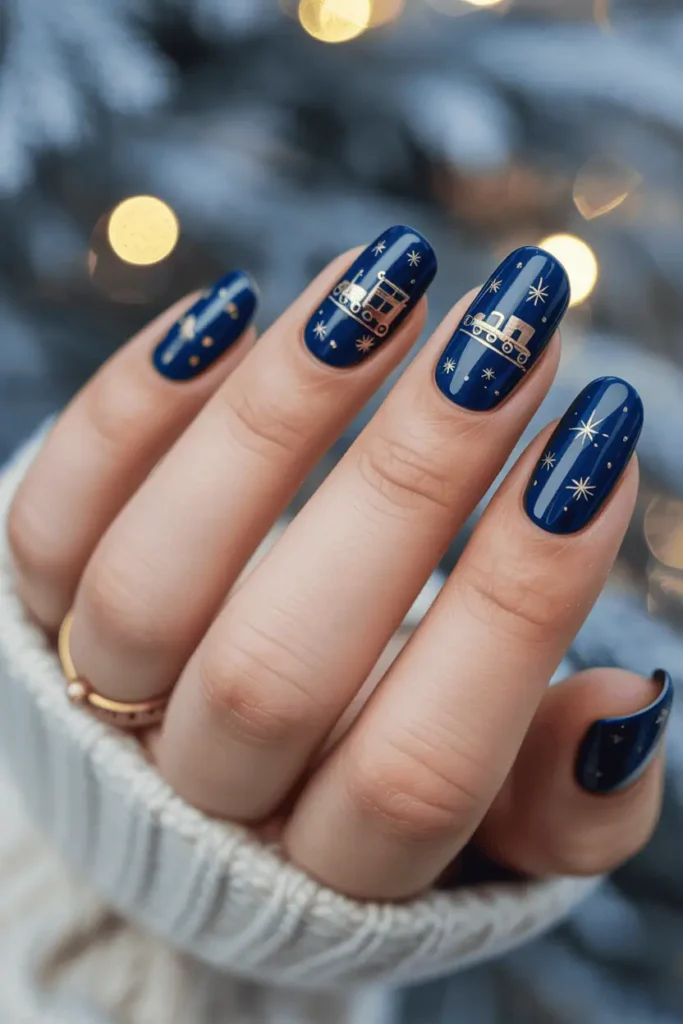 deep midnight blue nails with gold star accents, subtle train silhouette, frosty winter background, soft bokeh lights, realistic hands, glossy finish