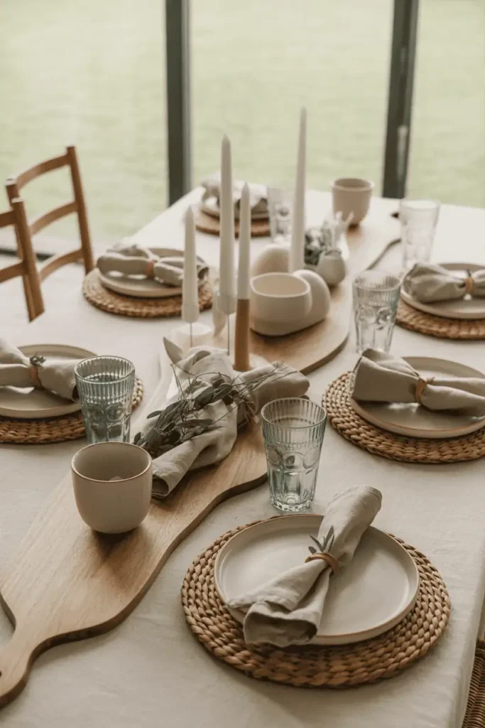 “early Easter table styled with woven placemats, linen napkins, ceramic dishes, wooden serving boards, neutral palette, natural daylight, relaxed organic feel, realistic photography, no text, 2:3 vertical”
