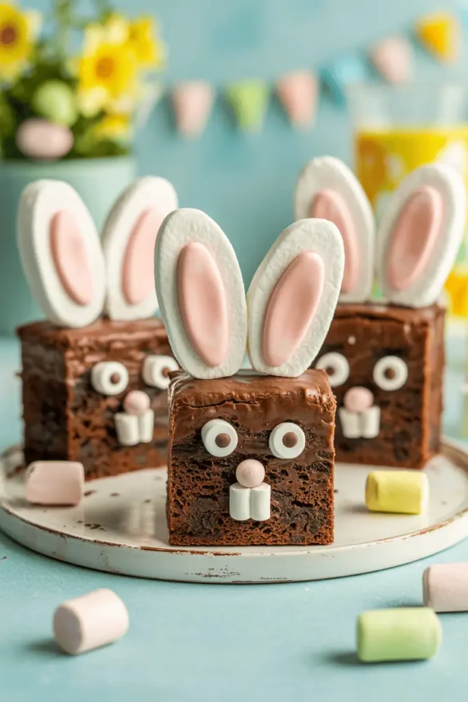 “easter bunny brownies decorated with marshmallow ears and candy eyes, playful homemade style, pastel easter background, bright natural light, professional food photography, photorealistic, no text, vertical 2:3”