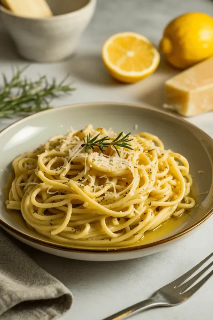“lemon garlic pasta in shallow bowl, olive oil sheen, lemon zest and parmesan on top, fresh herbs, bright but cozy lighting, minimalist styling, professional food photography, photorealistic, no text, vertical 2:3”