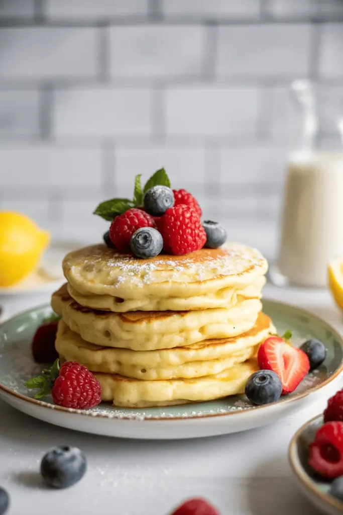 “lemon ricotta pancakes stacked on plate, fresh berries on top, light dusting of powdered sugar, soft natural daylight, spring brunch aesthetic, clean background, professional food photography, photorealistic, no text, vertical 2:3”