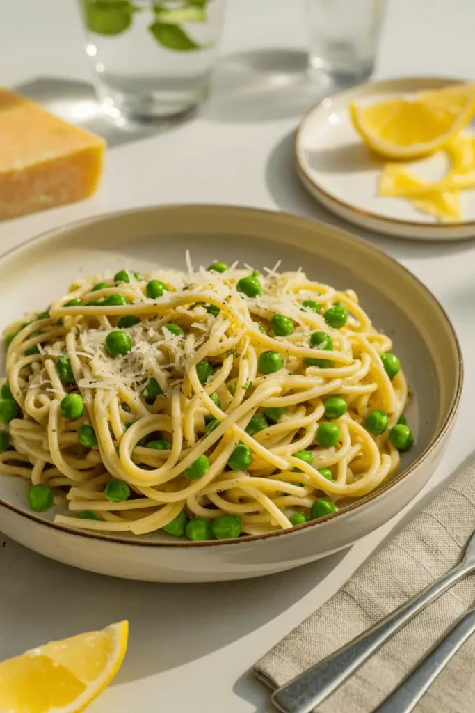 “light pasta with peas lemon zest and parmesan, served in shallow bowl, bright fresh lunch lighting, simple table setting, professional food photography, photorealistic, no text, vertical 2:3”