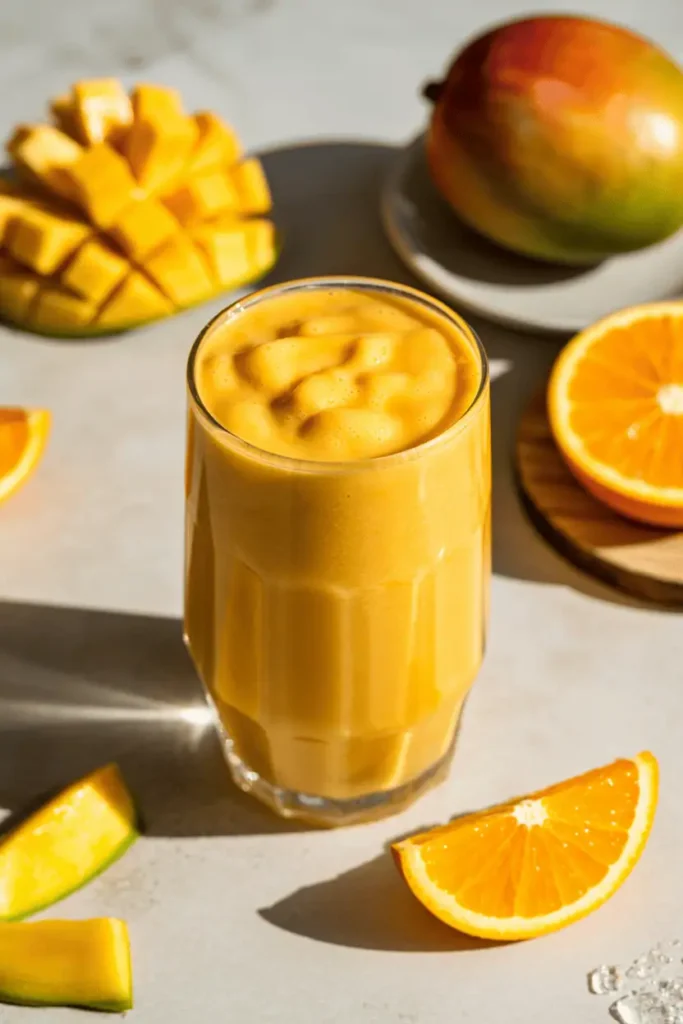 “mango orange smoothie in glass, bright yellow-orange color, fresh mango chunks and orange slices, sunny spring light, fresh clean styling, professional food photography, photorealistic, no text, vertical 2:3”
