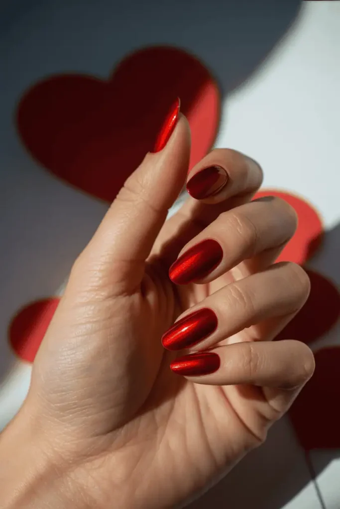 metallic red chrome nails with mirror shine, realistic hands, soft spotlight lighting, minimal Valentine props blurred, modern editorial aesthetic