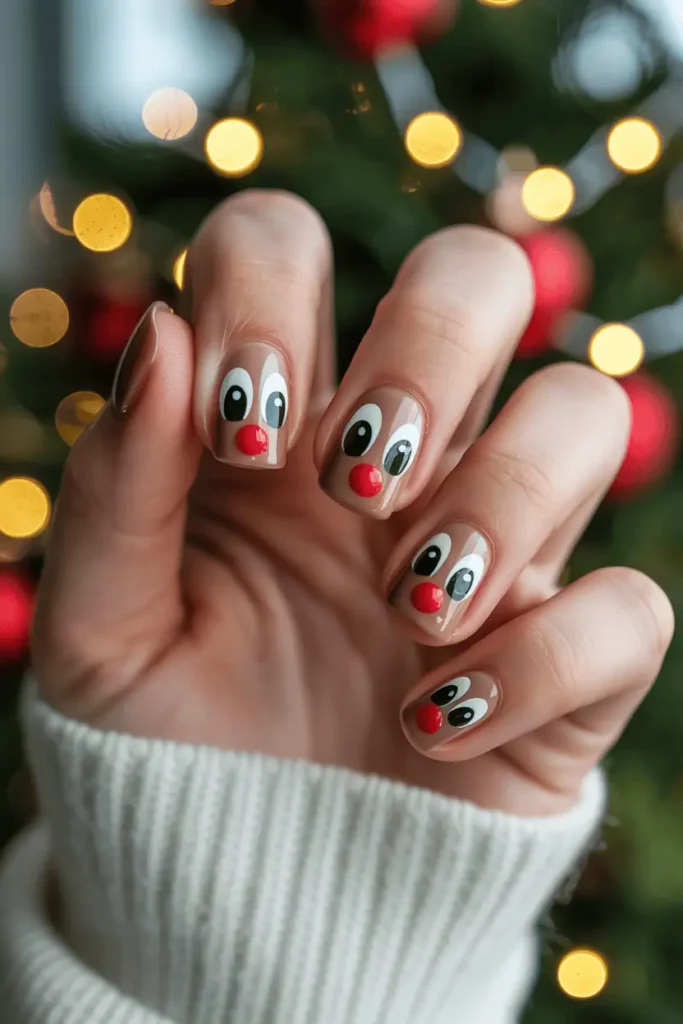 cute reindeer faces with big expressive eyes and red noses, playful brown tones, cozy Christmas backdrop, warm twinkle lights, soft bokeh, realistic hands