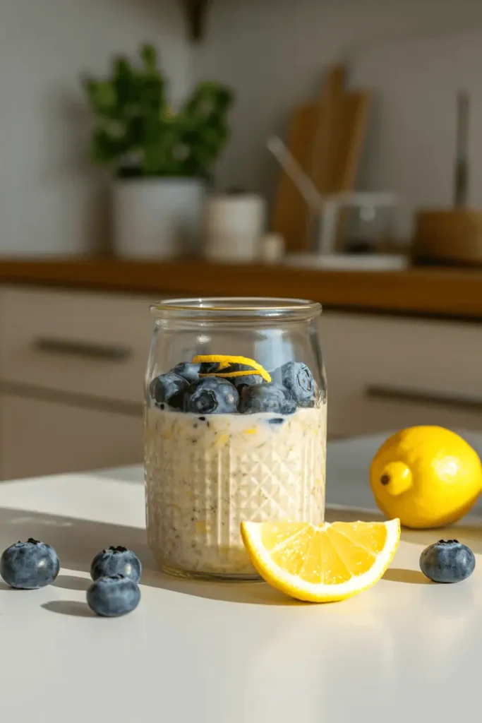 “overnight oats in glass jar with blueberries and lemon zest, creamy texture, fresh spring morning light, clean kitchen background, editorial food photography, photorealistic, no text, vertical 2:3”