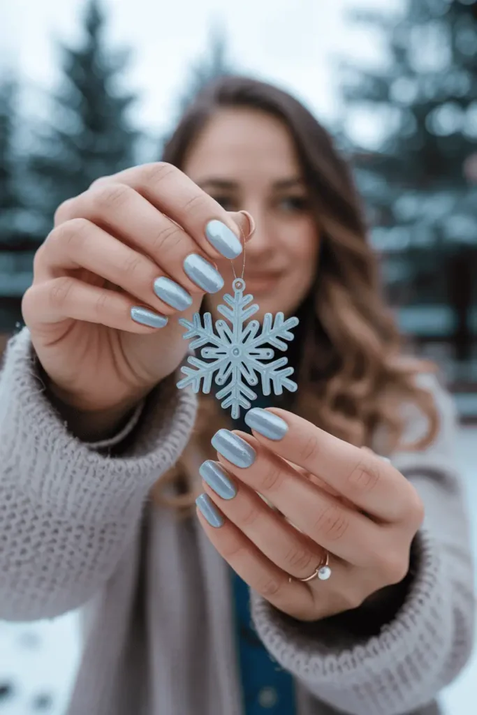 Pale blue shimmer nails holding a snowflake ornament, blurred frosty background.