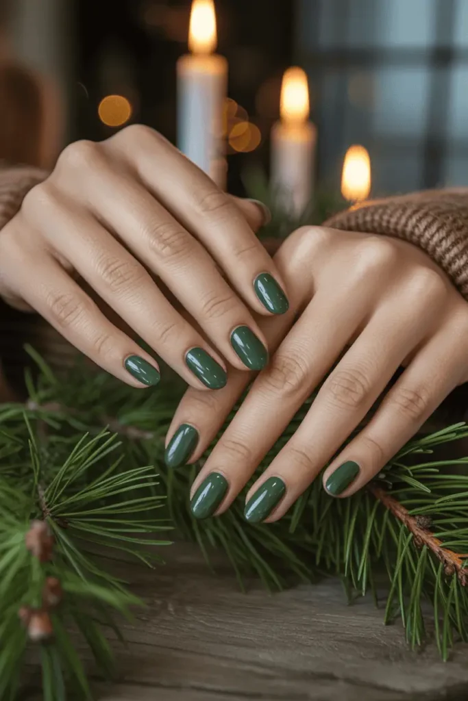 pine green nails, deep warm forest tone, matte or glossy finish, rustic holiday props (pine branches, candles), warm lighting, realistic hands