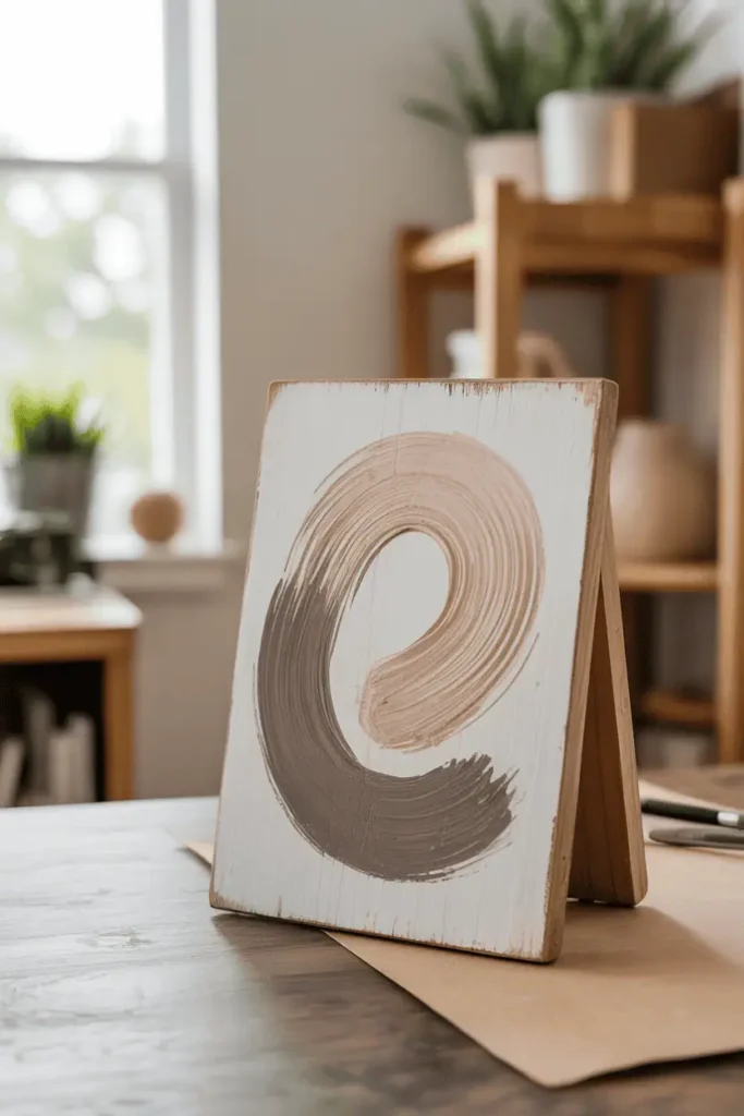“small handmade wooden sign with abstract spring brush strokes, neutral tones, leaning against wall on table, cozy creative space, natural daylight, beginner craft style, realistic photography, no text, 2:3 vertical”