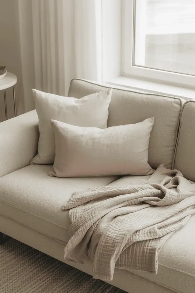 “spring living room with soft pastel throw blankets and linen pillows, light beige sofa, airy cotton textures, cozy minimal spring decor, bright natural window light, calm luxury style, realistic photography, no text, 2:3 vertical”