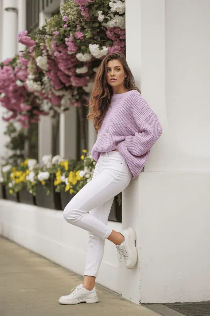 Stylish woman wearing crisp white jeans and a pastel lavender sweater, leaning against a white wall with blooming flowers in the background. Bright, clean, polished spring aesthetic.