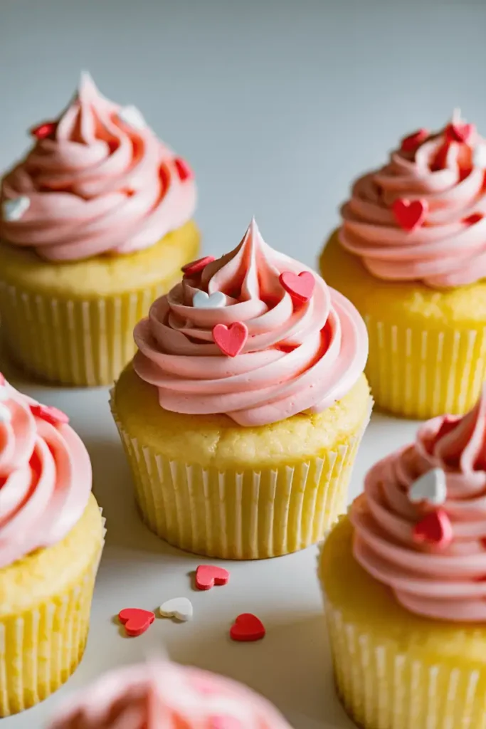 “vanilla cupcakes with soft pink buttercream frosting, simple swirl, heart sprinkles, homemade look, neutral background, natural daylight, photorealistic food photography, no text, vertical 2:3”