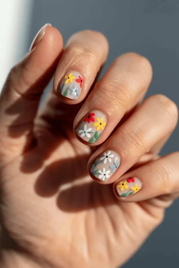 wildflower nail art design, tiny colorful wildflowers on nude base, soft spring colors, relaxed organic look, short nails, natural lighting, editorial nail photography, pinterest vertical 2:3 ratio, no text