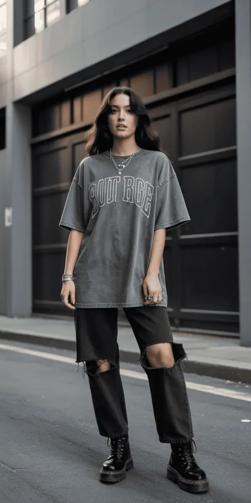 Soft Grunge: Oversized Band Tee + Ripped Black Jeans + Combat Boots