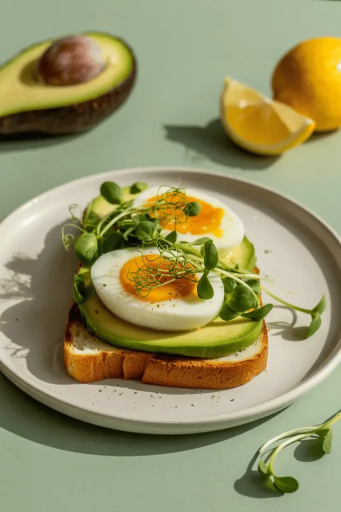 “avocado toast topped with soft-boiled eggs, microgreens and lemon, fresh green tones, bright midday light, minimalist lunch styling, professional food photography, photorealistic, no text, vertical 2:3”