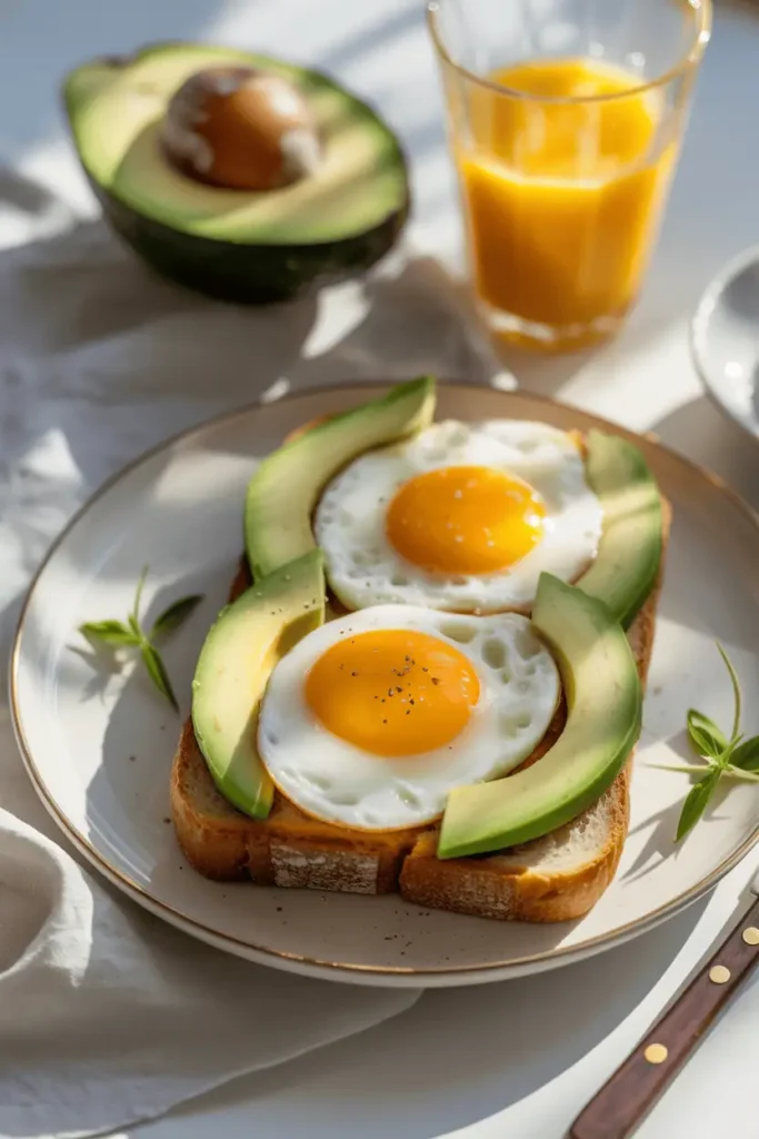 “avocado toast topped with soft eggs, sliced avocado, rustic bread, fresh spring light, minimal styling, home breakfast vibe, photorealistic, no text, vertical 2:3”