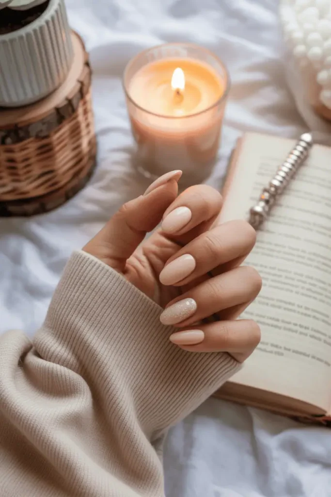 Blush to beige ombrΓ© nails, soft focus, warm cozy scene.