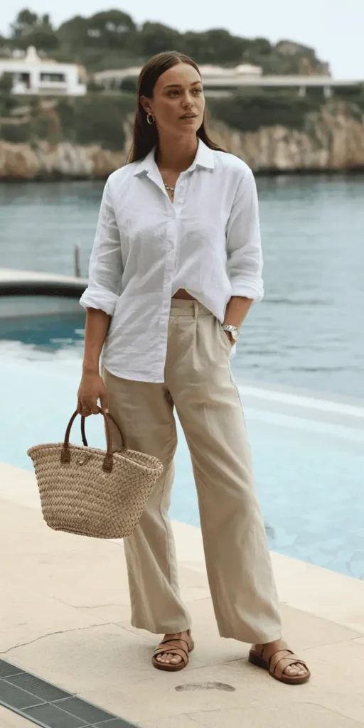 White Linen Shirt with Beige Linen Trousers