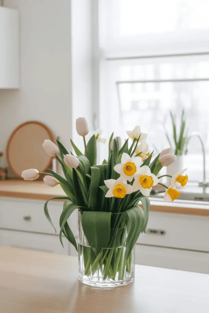 “fresh spring home decor scene with a clear glass vase filled with pastel tulips and daffodils, soft natural daylight, bright airy kitchen or entryway, light wood counter, minimal Scandinavian style, soft shadows, crisp realistic photography, no text, 2:3 Pinterest vertical”