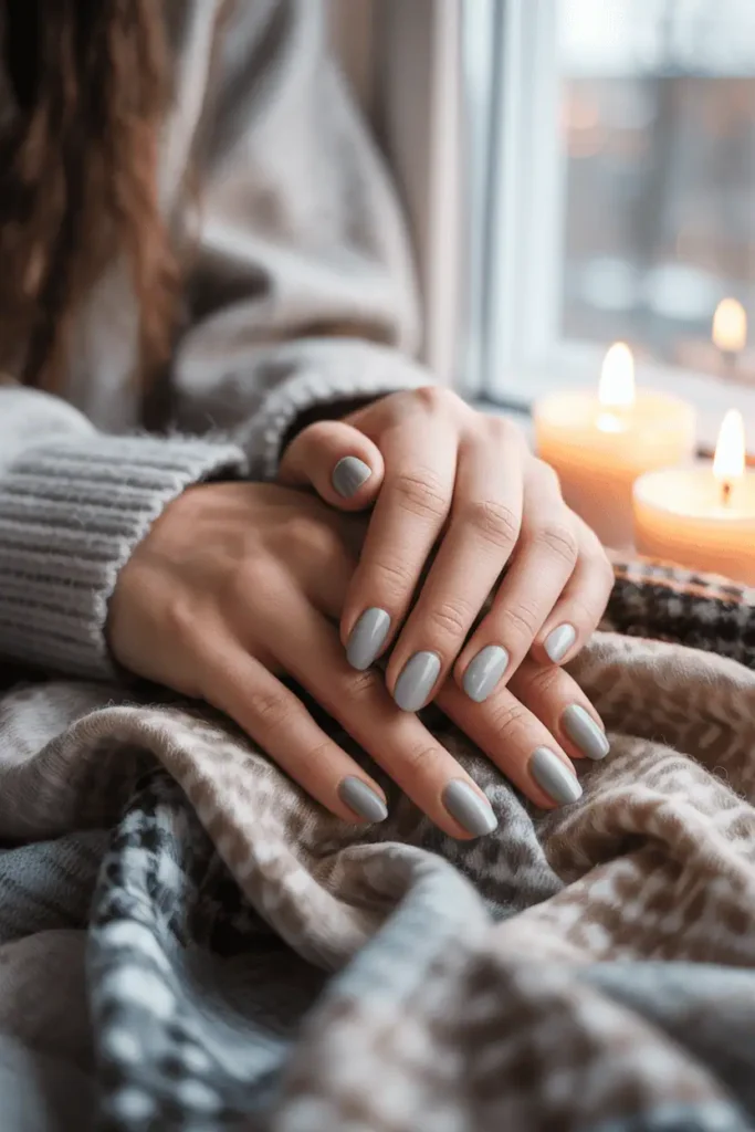 Gradient grey-to-white nails resting on a wool scarf, soft window light and subtle winter background.
