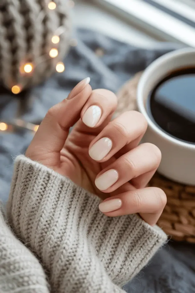 Gradient nails fading from beige to ivory, soft focus, cozy indoor setting.
