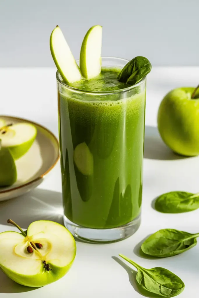 “green apple spinach smoothie in tall glass, vibrant green color, fresh apple slices and spinach leaves, bright spring daylight, clean background, professional food photography, photorealistic, no text, vertical 2:3”