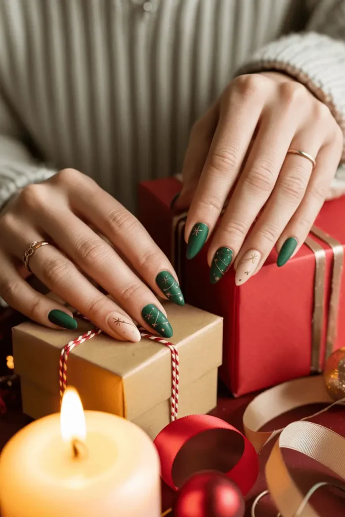Green triangle Christmas tree nails with gold star accents, hands near gift boxes.