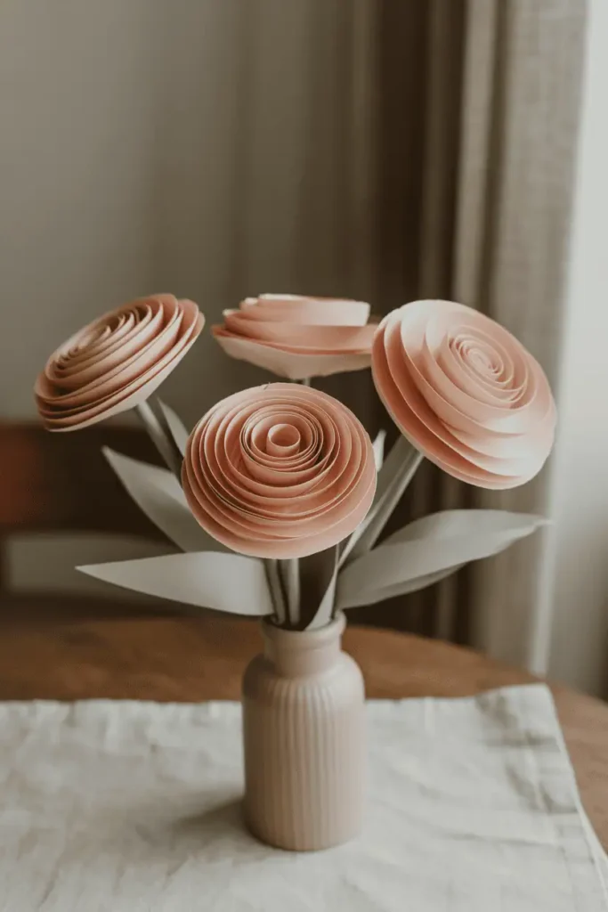 “handmade paper flowers in muted spring tones arranged in a simple vase, cozy indoor setting, soft daylight, slightly imperfect handmade details, calm spring craft aesthetic, realistic photography, no text, 2:3 vertical”