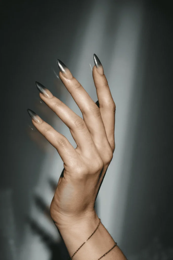 Chrome Silver to Graphite Ombre on Stiletto Nails