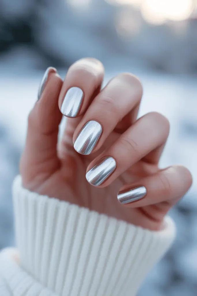 icy silver metallic nails, chrome or shimmer finish, cool frosty tones, soft snow-like background, bright winter lighting, realistic hands, high detail