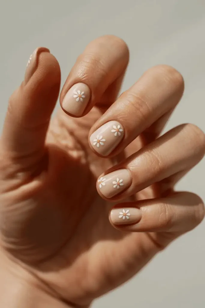 nude nails with tiny white daisy nail art, minimalist floral spring nails, short rounded nails, soft nude base, delicate white flowers, natural daylight, neutral background, realistic macro nail photography, editorial beauty style, pinterest vertical 2:3 ratio, no text
