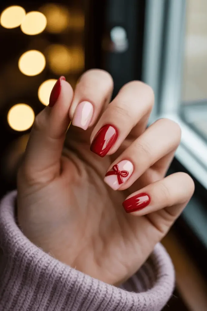 soft blush pink and warm red nails with ribbon bow accents, cozy romantic holiday setting, warm light, realistic hands, subtle cinematic background
