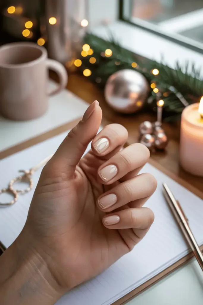 Soft nude nails with fine gold shimmer, elegant and minimal style, cozy office desk background with holiday decor, warm daylight.