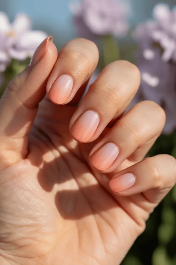 soft peach-to-pink gradient nails, smooth ombre effect, warm natural lighting, realistic hands, subtle floral shadows, pastel spring atmosphere