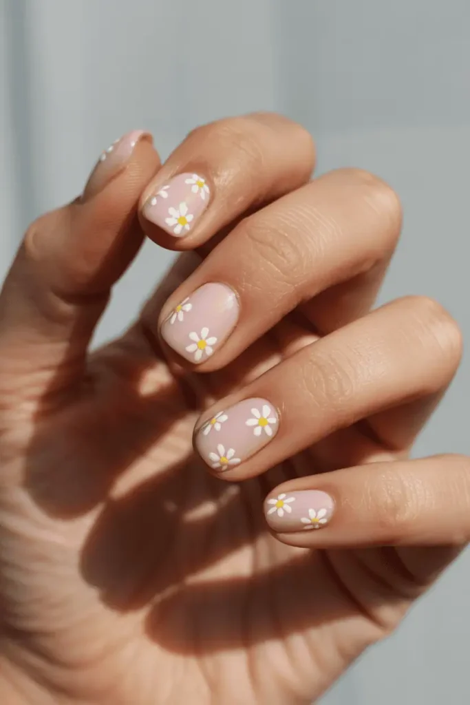 soft pink pastel nails with tiny white daisy accents, short rounded nails, spring floral nail art, clean nude-pink base, delicate white flowers, natural daylight, neutral background, realistic macro nail photography, editorial beauty style, pinterest vertical 2:3, no text