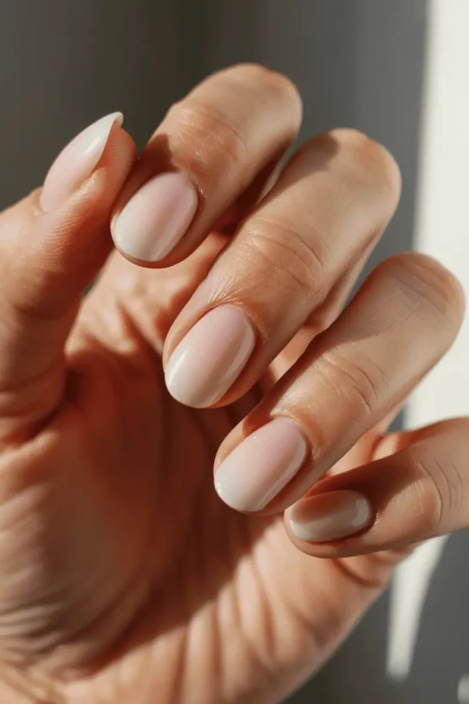 soft pink-to-white ombré nails, smooth gradient blend, warm natural light, minimal cozy background, realistic hands, glossy finish