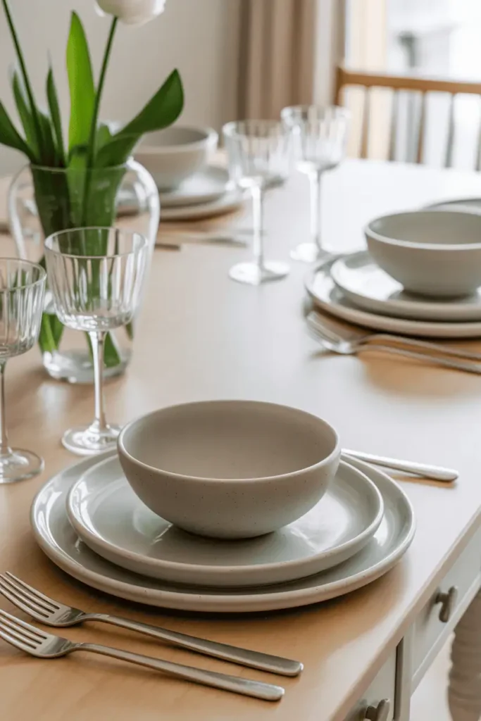 “spring table setting with white ceramic plates, light stoneware bowls, clear glassware, simple place settings, soft natural lighting, airy early Easter mood, realistic interior photography, no text, 2:3 vertical”