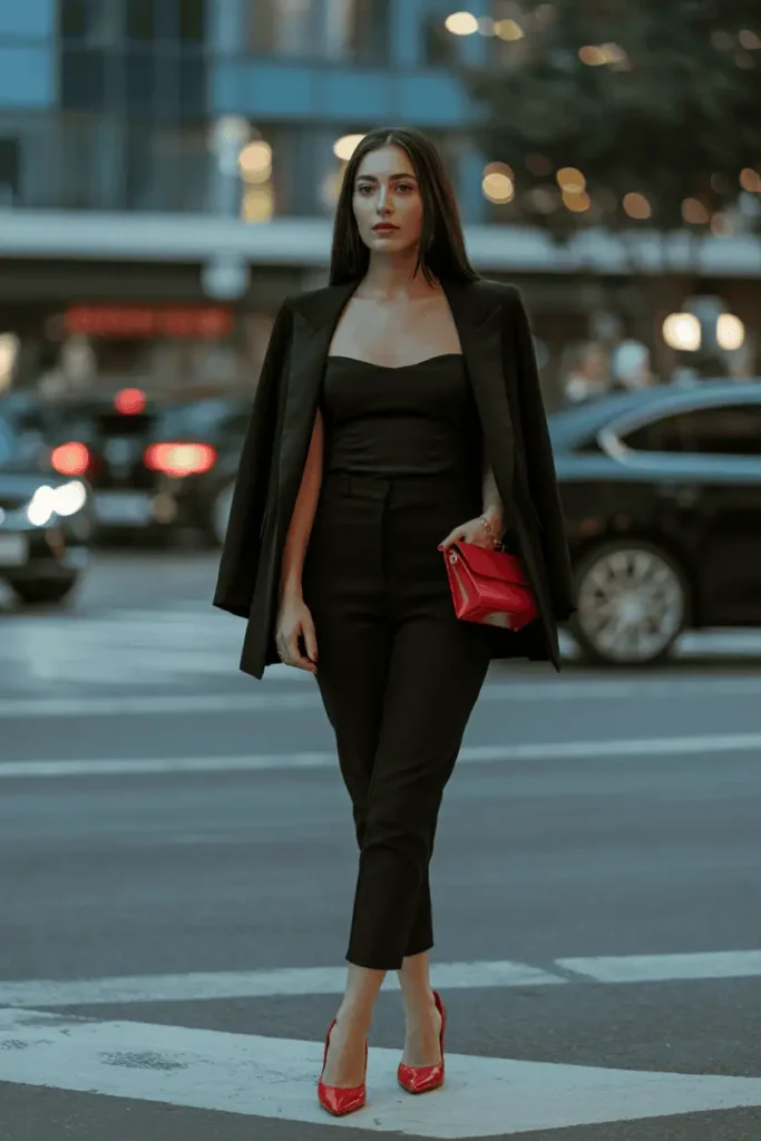 Stylish woman in an all-black outfit: fitted jumpsuit or black skirt + blazer, paired with red heels or red mini bag. Evening city lights blurred in the background, cinematic lighting, modern chic mood.