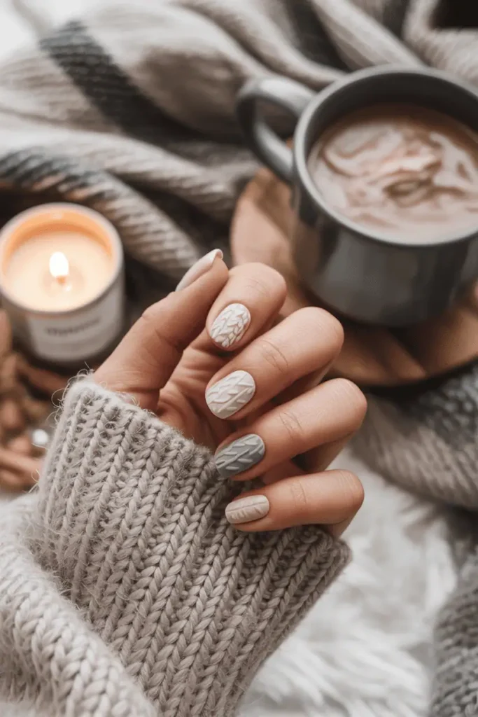 Sweater-pattern textured nails in nude, white, and gray tones, cozy flatlay with blanket.
Pinterest hero photo, hygge aesthetic, soft natural light, warm beige and gray palette, props: candle, knit sweater, cocoa mug.