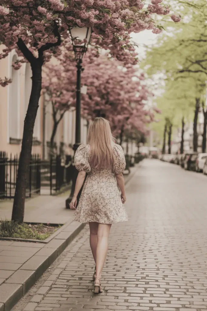 Woman in a floral mini dress with puff sleeves, walking along a cobblestone street lined with spring blossoms. Soft movement, warm daylight, feminine dreamy look.