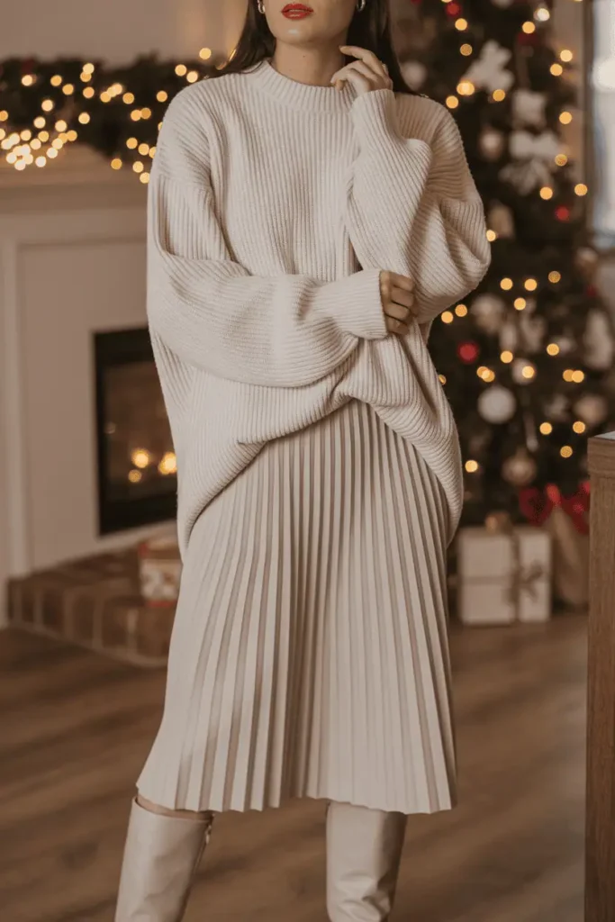Woman wearing an oversized sweater with a pleated midi skirt in warm holiday lighting.