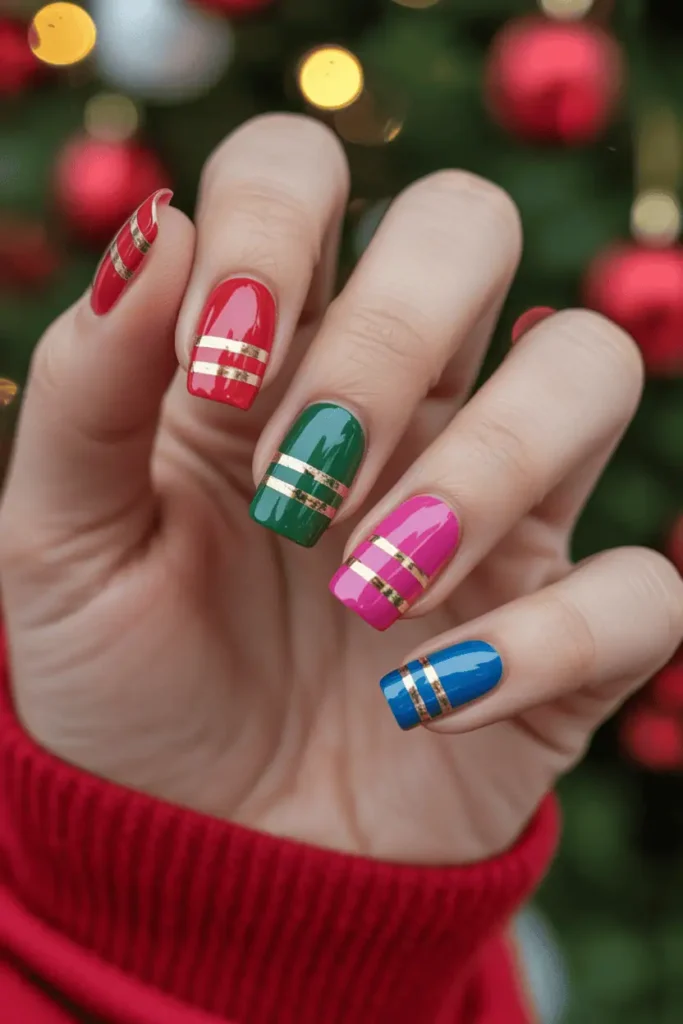 bright colorful nails with metallic ribbon stripes like gift-wrapped presents, vibrant reds greens pinks blues, shiny foil accents, cozy holiday setting, warm lighting, realistic hands