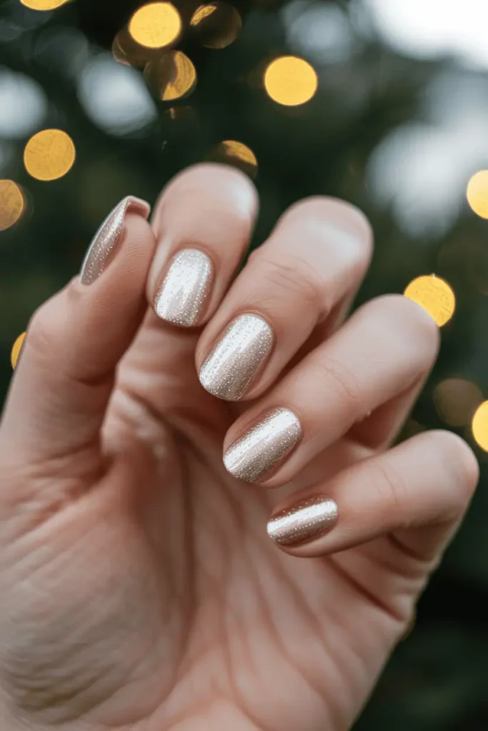 champagne gold shimmer nails, fine metallic sparkle, neutral warm undertones, elegant holiday background, soft bokeh lights, realistic hands, Pinterest-style photo