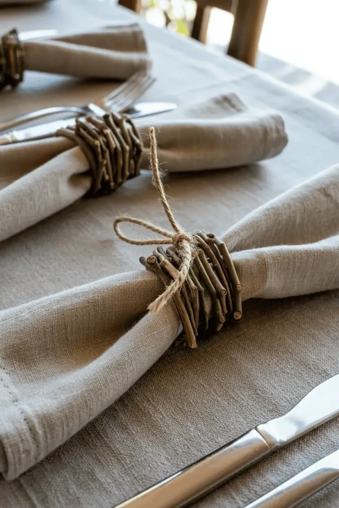 Close-up of handmade napkin rings made from small bundled twigs tied with twine, placed on folded linen napkins on a set dining table. Natural light from the side, rustic and organic styling. The napkin rings look simple and natural, not overly crafted or precious.