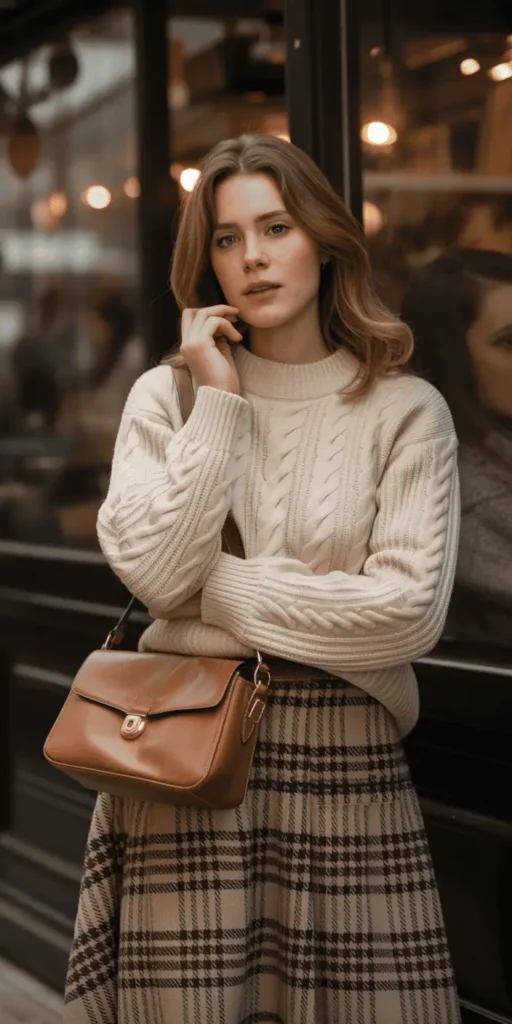 Cream Cable-Knit Sweater with Plaid Wool Skirt