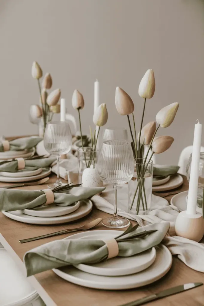“Easter table decor featuring muted pastel palette, ivory plates, sage green napkins, blush accents, neutral background, cohesive calm color harmony, soft daylight, editorial styling, realistic photography, no text, 2:3 vertical”