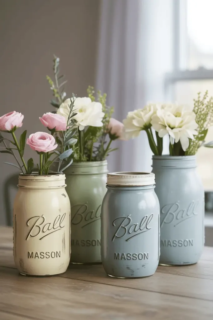 “hand-painted mason jars in soft spring colors (cream, sage, pale blue), slightly distressed finish, simple flowers inside, neutral table surface, natural light, beginner DIY look, realistic photography, no text, 2:3 vertical”