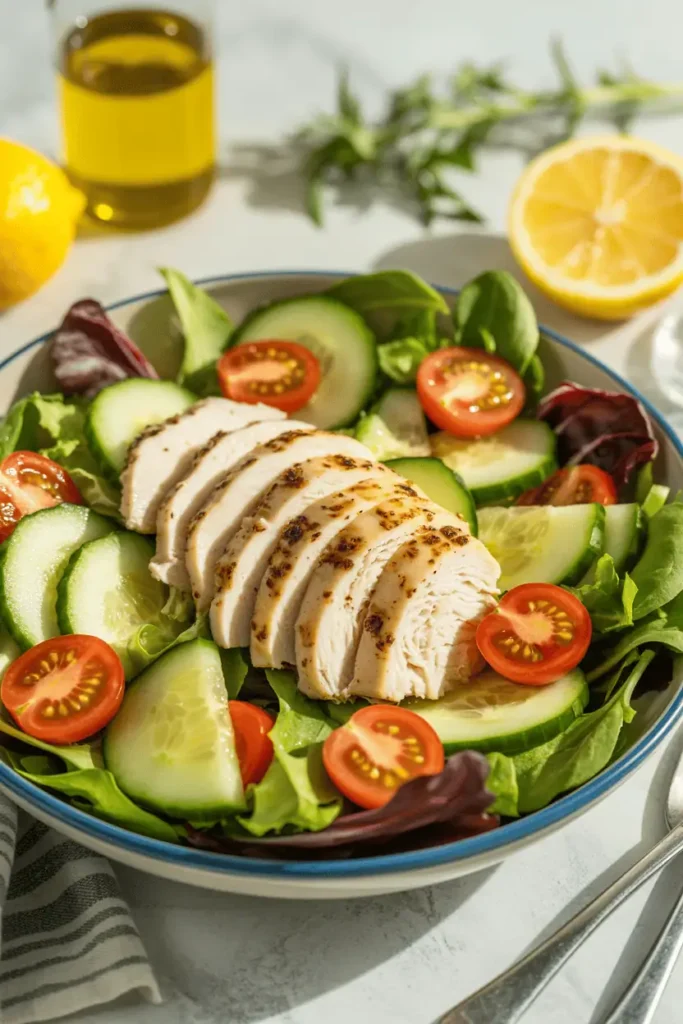 “lemon chicken salad with mixed greens, sliced grilled chicken, cucumber and cherry tomatoes, light vinaigrette, fresh spring colors, natural daylight, clean bowl presentation, professional food photography, photorealistic, no text, vertical 2:3”